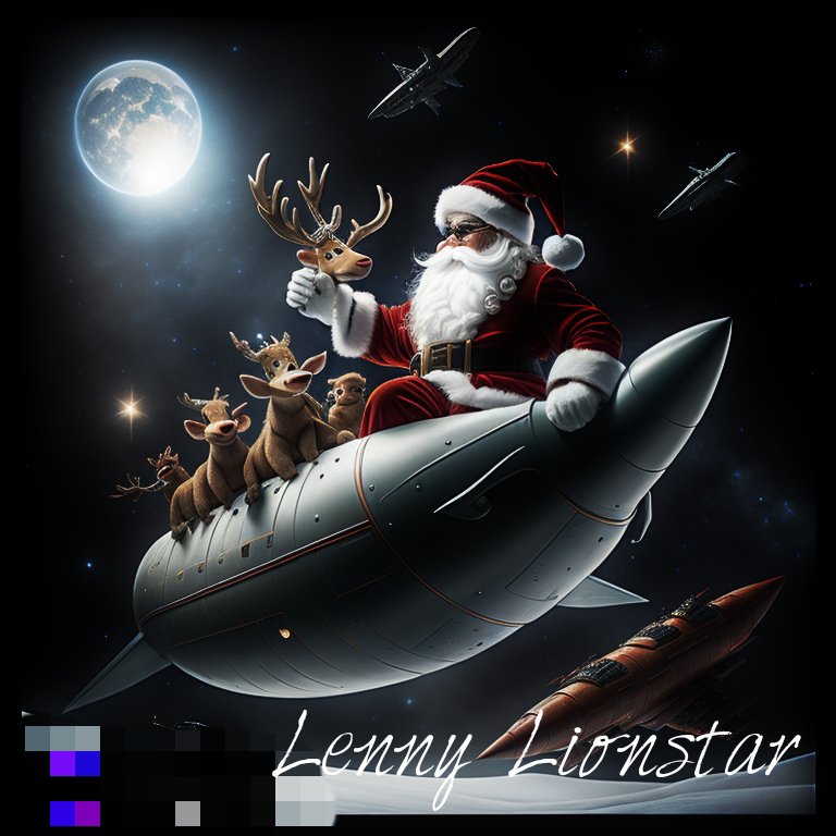 Santa Clause on a starship riding through the universe delivering Christmas packages to people and Aliens across the universe - Lenny Lionstar
