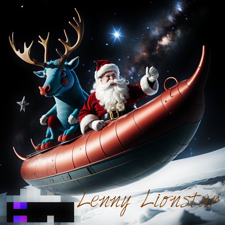Santa and his Reindeer on a spaceship riding through space delivering Christmas presents. Lenny Lionstar Christmas Stardust Space Opera 